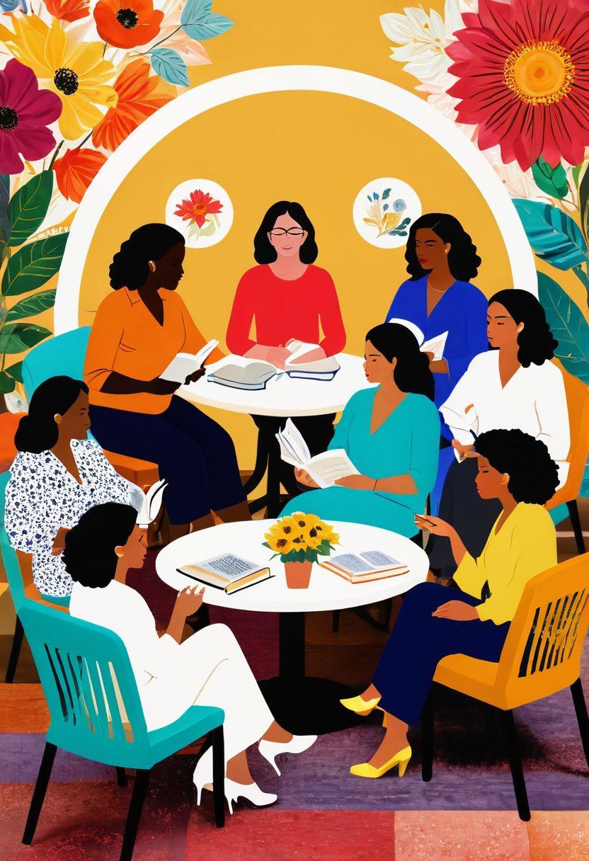 A vibrant collage featuring diverse women sharing personal stories in a warm, inviting setting. Include elements like an open circle with chairs, soft lighting, and symbols of empowerment, such as flowers and books. The women should represent various cultures and body types, radiating strength and confidence. Emphasize connection through facial expressions and body language. digital art. vibrant colors. soft focus.