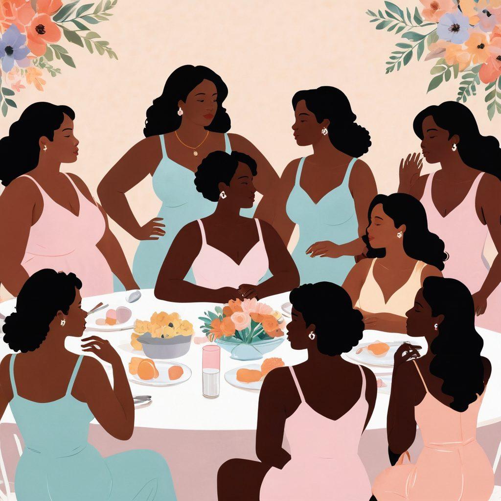 A warm and intimate scene showcasing a diverse group of women engaged in a supportive discussion about body positivity and health. The foreground features elegant illustrations of feminine silhouettes celebrating diverse body types with tasteful hints of cleavage. In the background, soft pastel colors blend seamlessly to evoke a sense of warmth and acceptance, with delicate floral motifs symbolizing beauty and intimacy. The overall composition conveys empowerment and connection. vibrant colors. soft focus.